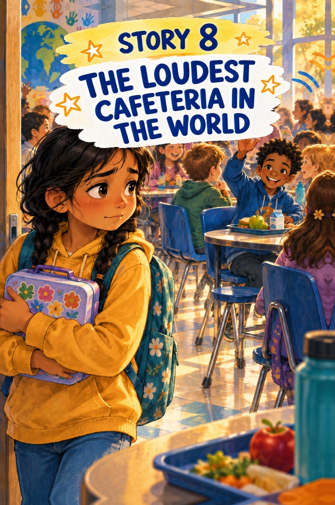 Illustrated story page showing a child in a noisy school cafeteria