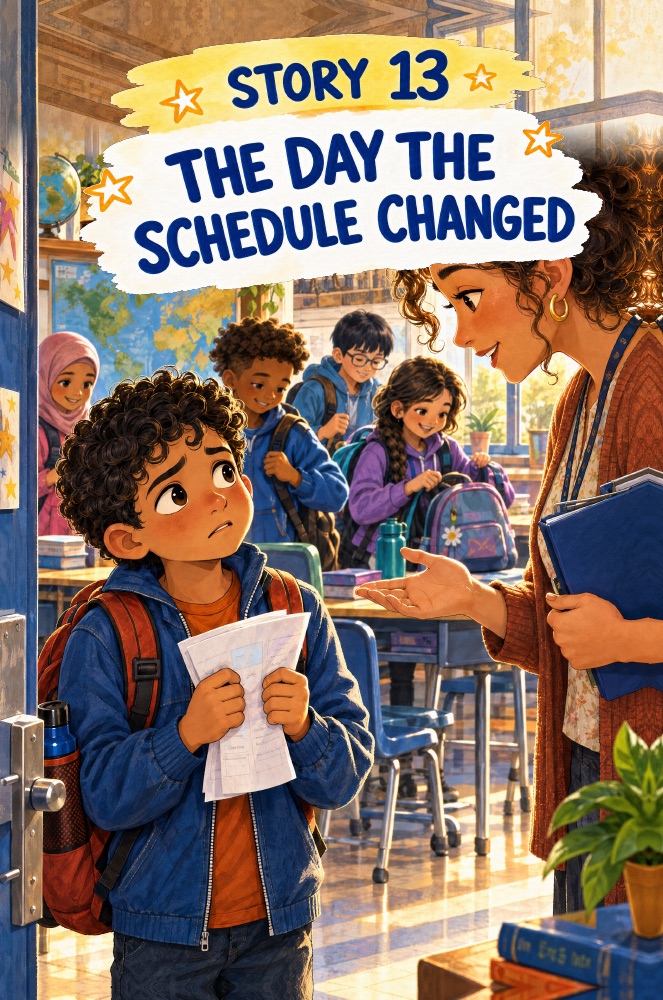 Illustrated story page showing a child talking with a teacher after a schedule change